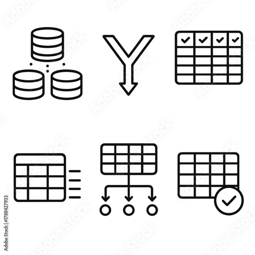 Data Integration Icons. Data Unification linear icon set: multiple datasets, merge symbol, harmonized schema, standardized fields, data mapping, quality check.