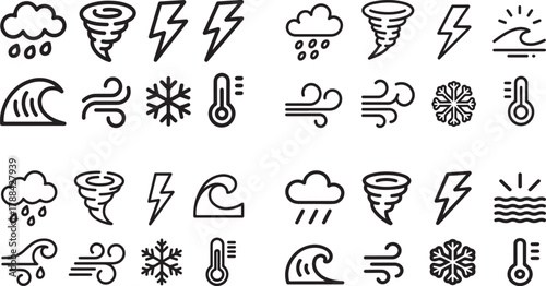 Weather and Meteorology Outline Icons Set: Storm, Tornado, Lightning, Snow, Wind, and Temperature Symbols