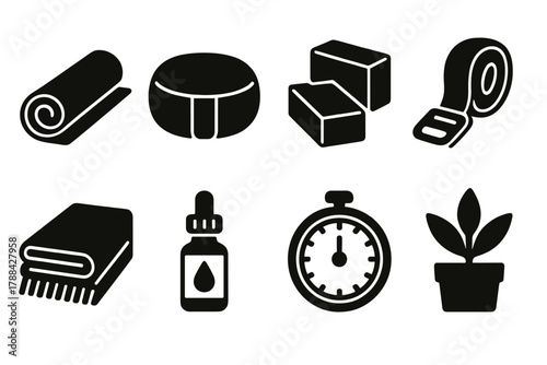 Yoga Icon Set. Mindful Yoga Set silhouette icon set: mat, meditation cushion, blocks, strap, blanket, essential oil, timer, plant.