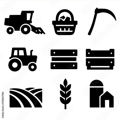 Bold Harvest Icons. Harvesting Equipment silhouette icon set: combine harvester, basket, scythe, crate, tractor, field, wheat, silo.