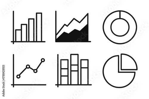 Chart Icon Collection. Chart visualization linear icon set: bar chart, area graph, donut chart, line trend, stacked bars, pie slice.