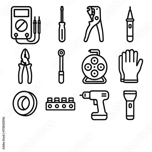 Electrician's Tool Icons. Electrician’s Tools linear icon set: multimeter, insulated screwdriver, wire stripper, voltage detector, pliers, torque wrench, cable reel, gloves, tape,