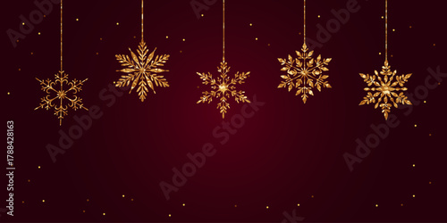 Golden Glitter Snowflakes on Festive Burgundy Background