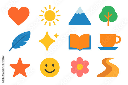 Icons of Fulfillment. Life Fulfillment flat icons: heart, sun, mountain peak, tree, feather, sparkle, book, cup, star, smile face, flower, path.