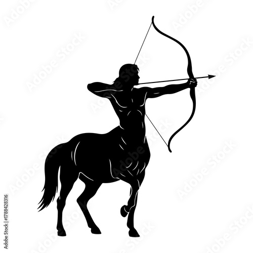 Silhouette of a centaur archer aiming a bow and arrow on white background