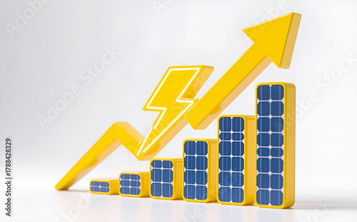 Solar panels arrow up, suited for renewable energy growth. Highlights sustainable power and green tech.