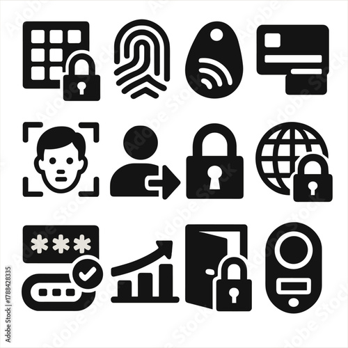 Brutalist Security Icons. Access Control silhouette icon set: keypad lock, biometric sensor, key fob, digital pass, facial recognition, user login, security lock, encrypted