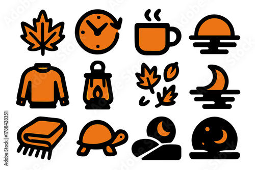 Autumn Icons Collection. Fall Back silhouette icon set: autumn leaf, clock turning back, cozy mug, sunset, orange sky, sweater, lantern, falling leaves, moonrise, warm blanket,