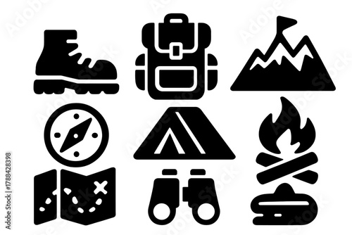 Adventure Icons Set. Adventure Holiday silhouette icon set: hiking boots, backpack, mountain peak, compass, trail map, tent, campfire, binoculars.