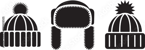 Winter Hat and Cap Icons Set: Bobble Hat, Pom-Pom, and Ushanka Trapper Silhouette Collection
