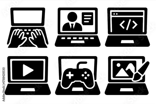 Bold Laptop Icons. Laptop Activities silhouette icon set: typing on keyboard, online meeting, coding on screen, watching movie, gaming session, photo editing.