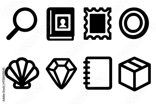 Brutalist Collectible Icons. Collecting Essentials silhouette icon set: magnifying glass, album, stamp, coin, shell, gemstone, notebook, box.