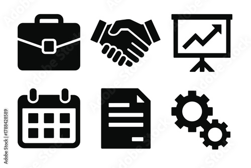 Brutalist Professional Icons. Workplace professionalism silhouette icon set: briefcase, handshake, chart board, calendar, document, gears.