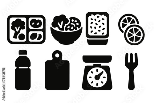 Bold Meal Prep Icons. Healthy Meal Prep Set silhouette icon set: lunch box, salad bowl, rice container, fruit slices, water bottle, chopping board, scale, fork.
