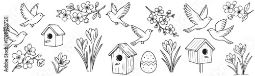 A black and white image of birds and houses. The birds are scattered throughout the image, with some flying and others perched on branches or houses. The houses are small and made of wood