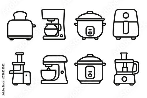 Minimalist Kitchen Icons. Minimalist Kitchen Appliances linear icon set: toaster, coffee maker, rice cooker, air fryer, juicer, stand mixer, pressure cooker, food processor.