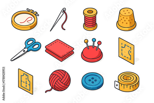 Craft Tools Icons. Tools & Threads modern flat icons set: embroidery hoop, needle, thread spool, thimble, scissors, fabric square, pin cushion, stitch guide, pattern sheet, yarn