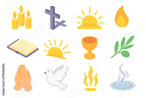 Faith and Light Icons. Faith & Light modern flat icons set: candle trio, cross shadow, soft flame, open book, sunrise beam, cup, olive branch, prayer hands, dove, golden light,
