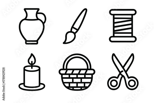 Craft Icon Collection. Artisan Creations linear icon set: pottery, paintbrush, thread spool, candle, basket, scissors.