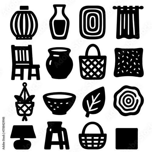Eco-Friendly Icon Set. Sustainable Style silhouette icon set: bamboo lamp, recycled glass vase, jute rug, cotton curtain, upcycled chair, clay pot, woven basket, natural fiber