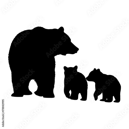 Silhouette of a mother bear with two cubs Keywords: bear, mother bear, cubs, family, silhouette