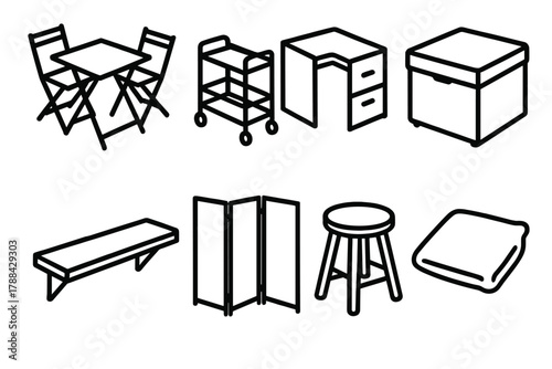 Modern Space-Saving Furniture. Modern Small-Space Furniture linear icon set: foldable dining set, rolling cart, corner desk, ottoman storage, floating shelf, partition screen,