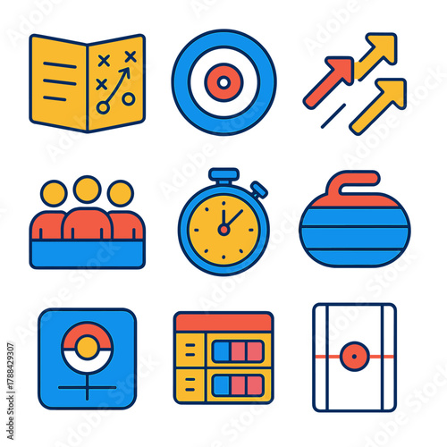 Curling Strategy Icons. Curling Strategy modern flat icons set: playbook, target diagram, arrow markers, curling rock, team lineup, stopwatch, scoreboard, rink lines.