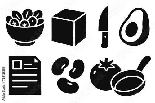 Bold Healthy Meal Icons. Healthy Meal Kits silhouette icon set: salad bowl, packaging box, knife, avocado, recipe sheet, beans, tomato, pan.