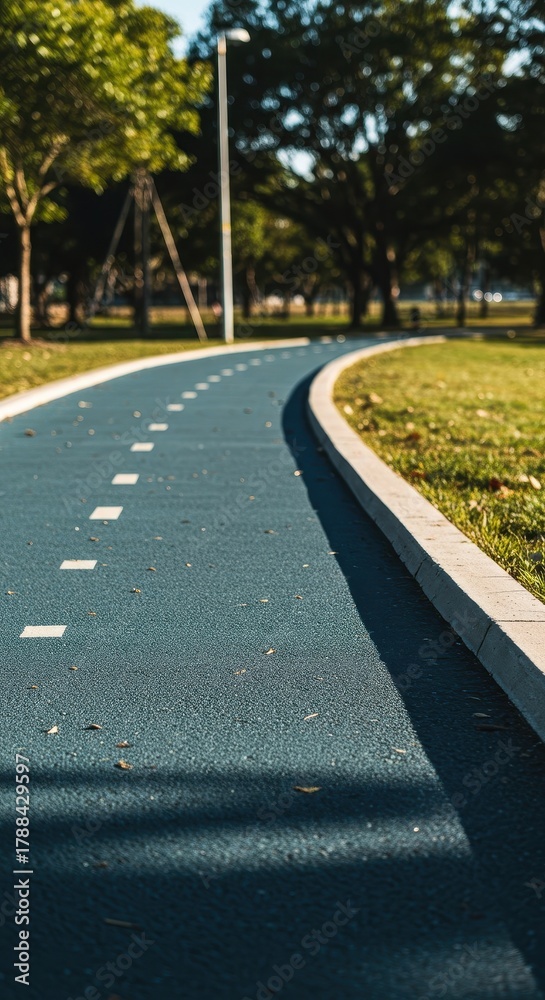 Obraz premium Smooth, clean paved pathway bordering a bright recreational area. Designed for safety and easy access around the community park space, bright, ground, clean
