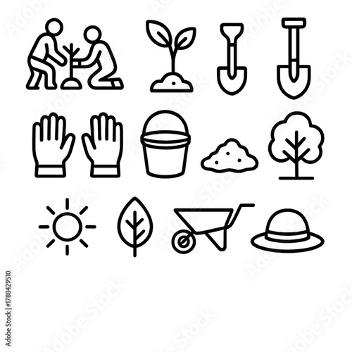 Community Planting Icons. Community Tree Planting Icons linear icon set: people planting, sapling, shovel, watering can, gloves, bucket, soil, tree, sun, leaf, wheelbarrow, hat.