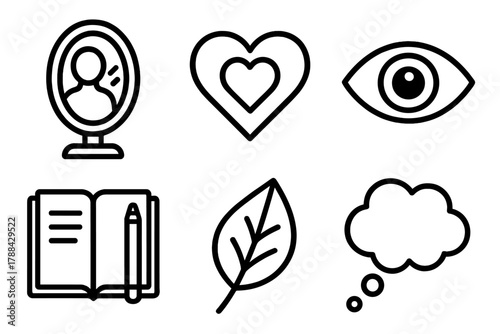 Symbolic Self Awareness. Self Awareness linear icon set: mirror, heart, eye, journal, leaf, thought bubble.