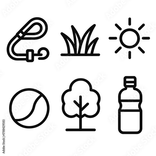 Outdoor Wellness Icons. Outdoor Wellness linear icon set: leash, grass, sunshine, ball, tree, water bottle.
