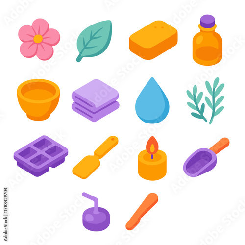 Aromatherapy Icon Set. Aromatherapy Soap Icons modern flat icons set: flower, leaf, soap bar, oil bottle, bowl, towel, droplet, herbs, mold tray, spatula, candle, scoop.