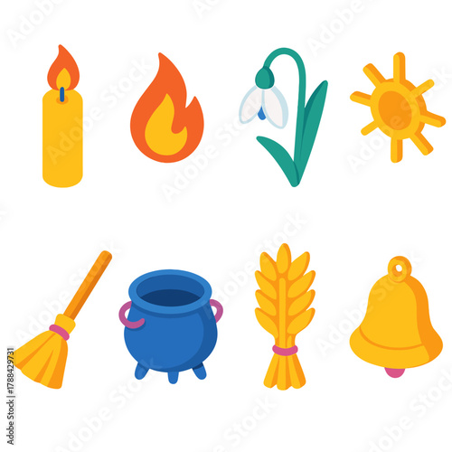 Vibrant Imbolc Icons. Imbolc Traditions modern flat icons set: candle, flame, snowdrop flower, sun symbol, broom, cauldron, wheat sheaf, bell.