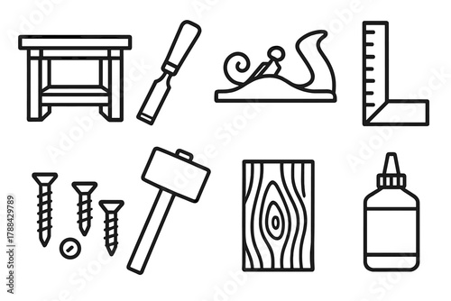 Woodworking Tools Icons. Home Woodworking linear icon set: workbench, chisel, plane, ruler, screws, mallet, wood board, glue bottle.