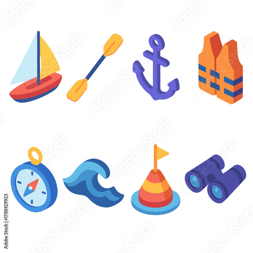 Isometric Water Icons. Water Adventure modern flat icons set: sailboat, paddle, anchor, life jacket, compass, wave, buoy, binoculars.