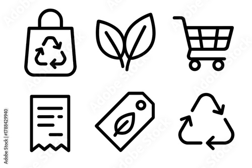 Eco-Friendly Shopping Icons. Sustainable Shopping linear icon set: canvas bag, recycling symbol, leaves, cart, paper receipt, eco label.