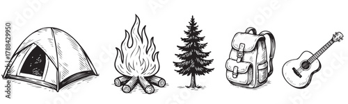 A variety of outdoor items, including a tent, a guitar, a backpack, a tree, and a fire. The tent is positioned on the left side of the image, while the guitar is on the right side