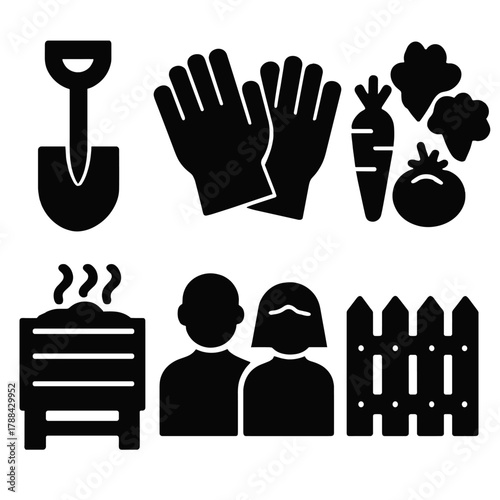 Community Garden Icons. Community Garden silhouette icon set: shovel, gloves, vegetables, compost bin, people, fence.