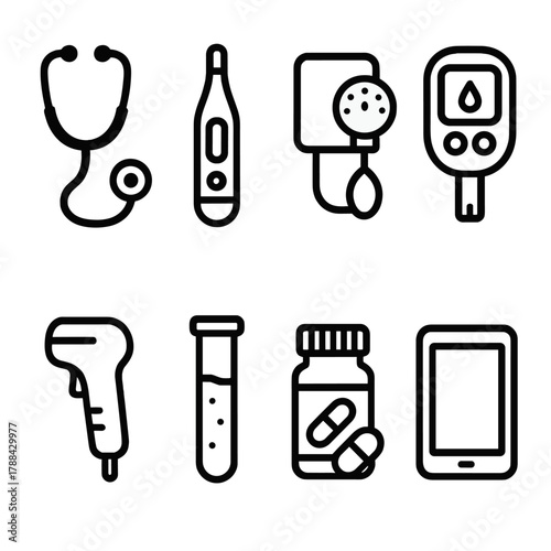Medical Devices Icons. Medical Devices linear icon set: stethoscope, thermometer, blood pressure cuff, glucose monitor, scanner, test tube, pill bottle, tablet.
