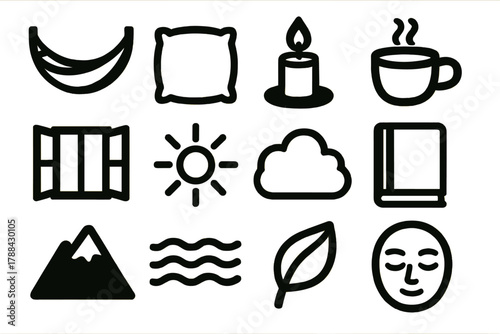 Peaceful Mindscape Icons. Peaceful mindscape silhouette icon set: hammock, soft pillow, candle, teacup, open window, sunlight, cloud puff, journal, mountain silhouette, gentle wave