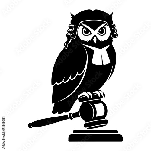 Silhouette of an Owl in a Judge's Wig Holding a Gavel Keywords: owl, bird, silhouette, judge