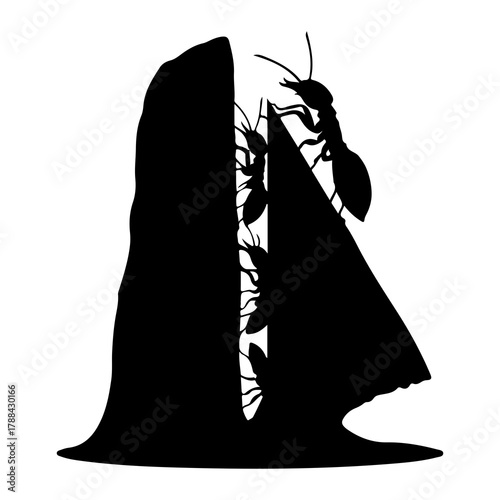 Silhouette of ants climbing on a rock formation teamwork