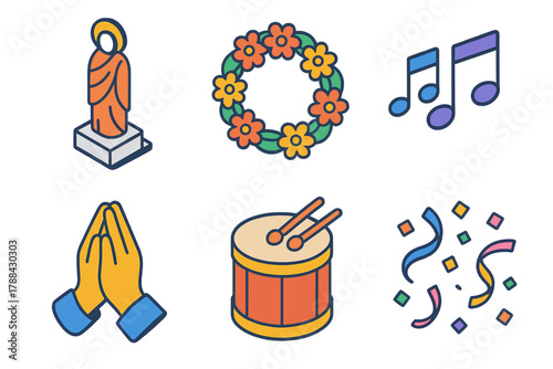 Festive Icon Set. Faith and Festivity modern flat icons set: saint statue, flower garland, music notes, prayer hands, drum, confetti.