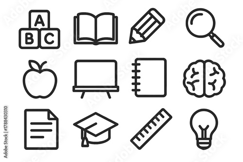 Literacy Icon Set. Literacy Learning linear icon set: alphabet blocks, book, pencil, magnifying glass, apple, chalkboard, notebook, brain, paper sheet, graduation cap, ruler, light