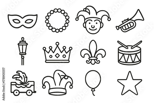 Mardi Gras Icons. New Orleans Mardi Gras linear icon set: mask, beads, jester, trumpet, street lamp, crown, fleur-de-lis, drum, float, hat, balloon, star.