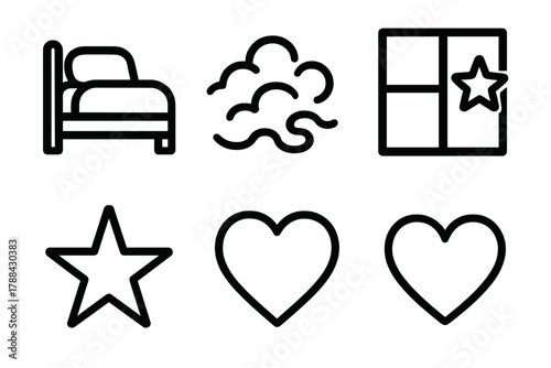Dream Symbols Icons. Subconscious World linear icon set: bed, pillow, mist, window, star, heart.
