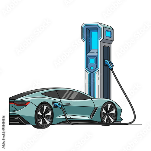 Electric vehicle charging at futuristic station for CES tech expo  