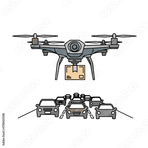 Drone delivering package over urban traffic illustration for CES tech expo  