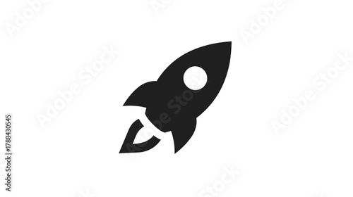 Black rocket icon taking off with flame. Symbol of business startup, project launch, innovation, speed, growth, and success concept.